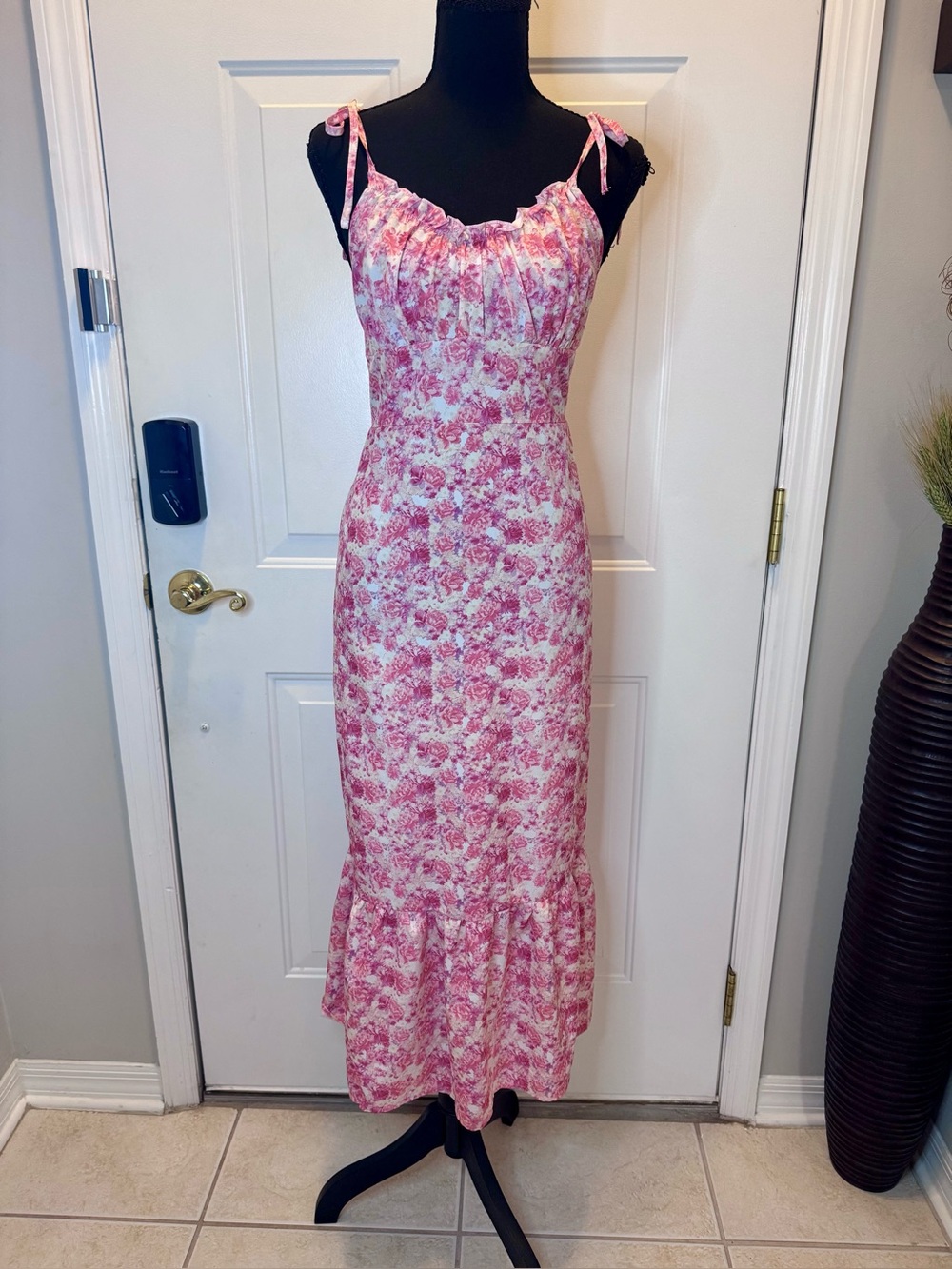 Pink Floral Tie-Shoulder Midi Dress